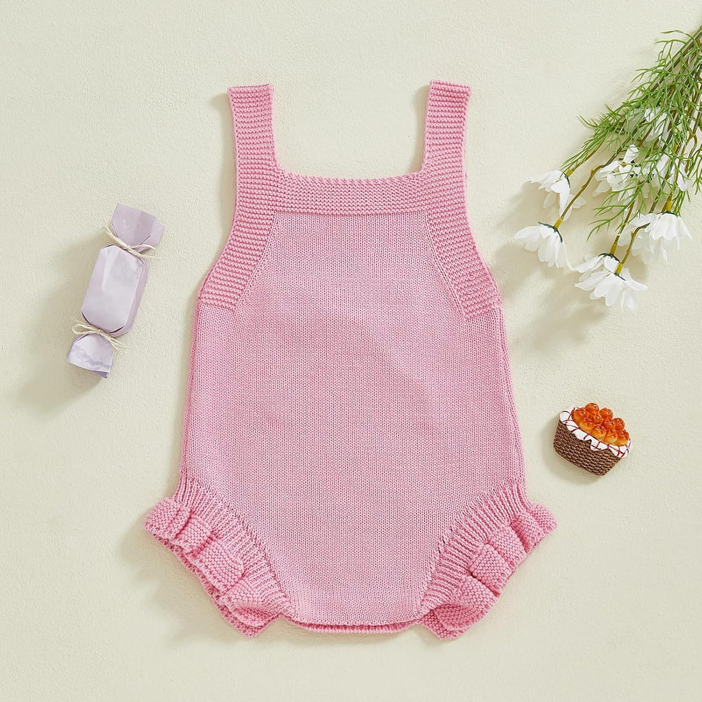 Newborn Baby Girl Clothes Bow Embroidery Romper Sleeveless Knit Romper Jumpsuit Sweater Bodysuit One-Piece Outfit