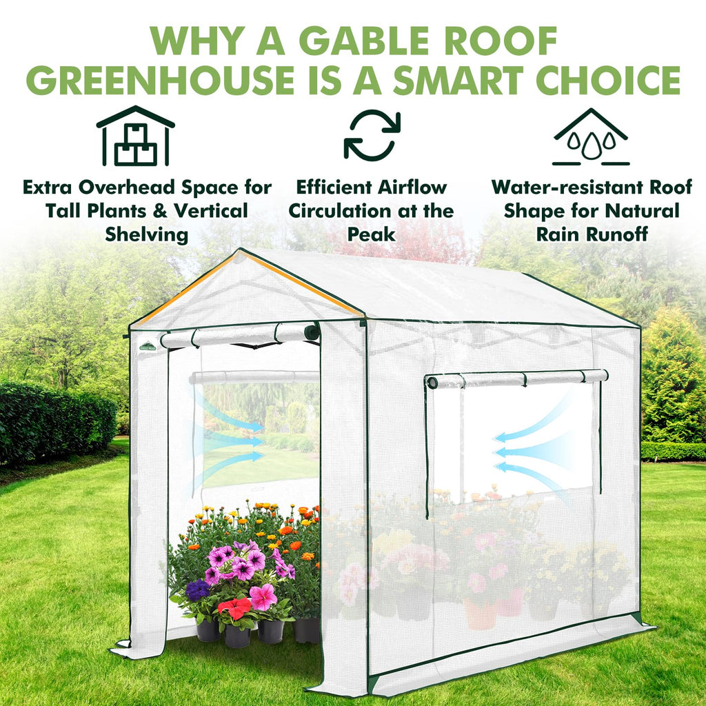 8x6 Pop Up Walk in Greenhouse, Easy Setup, Gable Roof, White