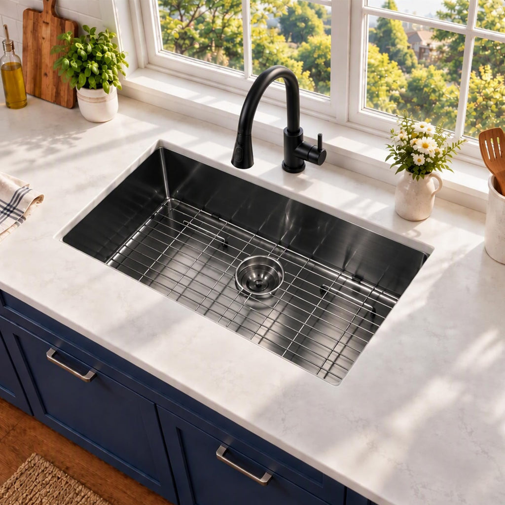 32x18 Inch Black Undermount Kitchen Sink, 32 Inch Sink with Grid