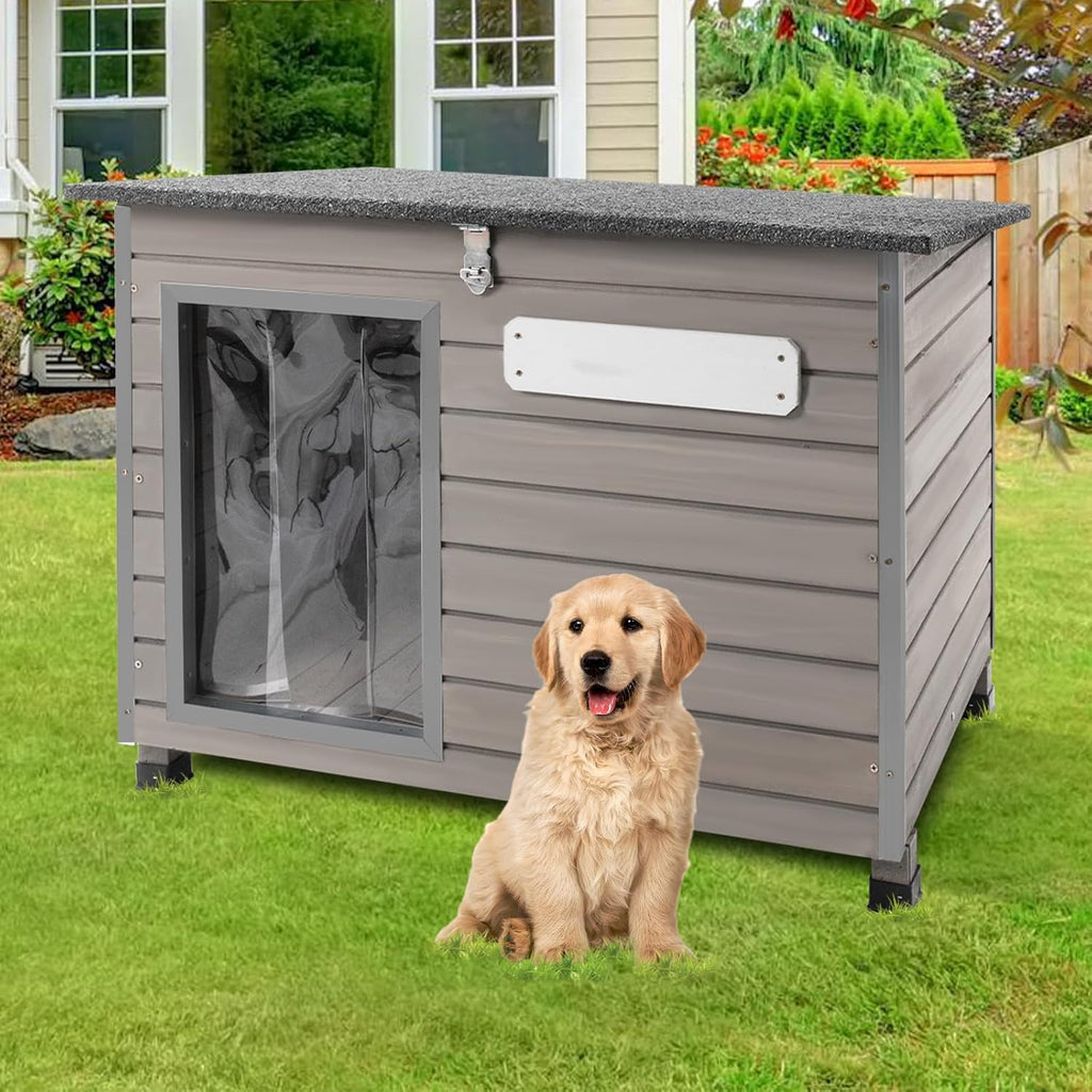 Dog House Outdoor, Chew-Proof Iron Frame Dog Kennel Weatherproof Natural Fir Wood Dog Houses with Removable