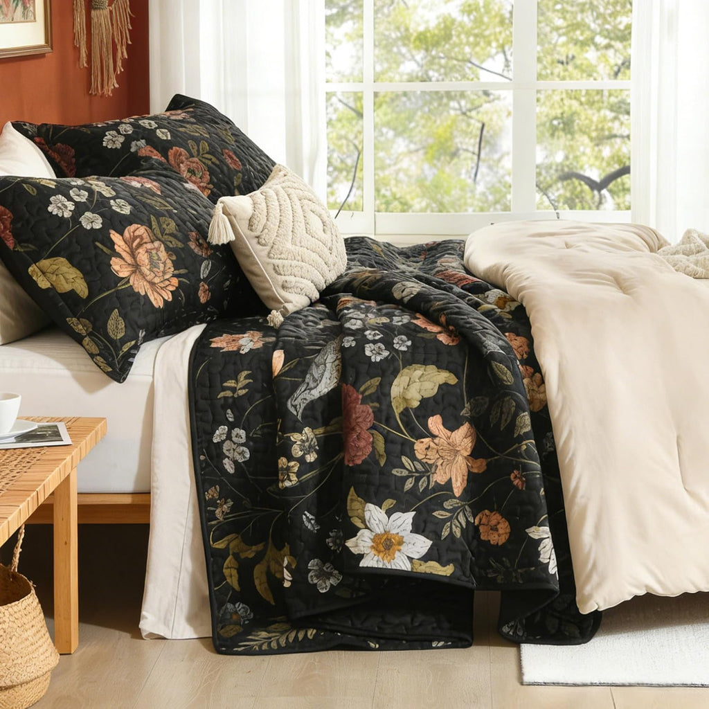 Floral Black Quilt Queen - 3 Pieces Botanical Birds Pattern Quilt Bedding, Lightweight Soft Coverlet for All Seasons