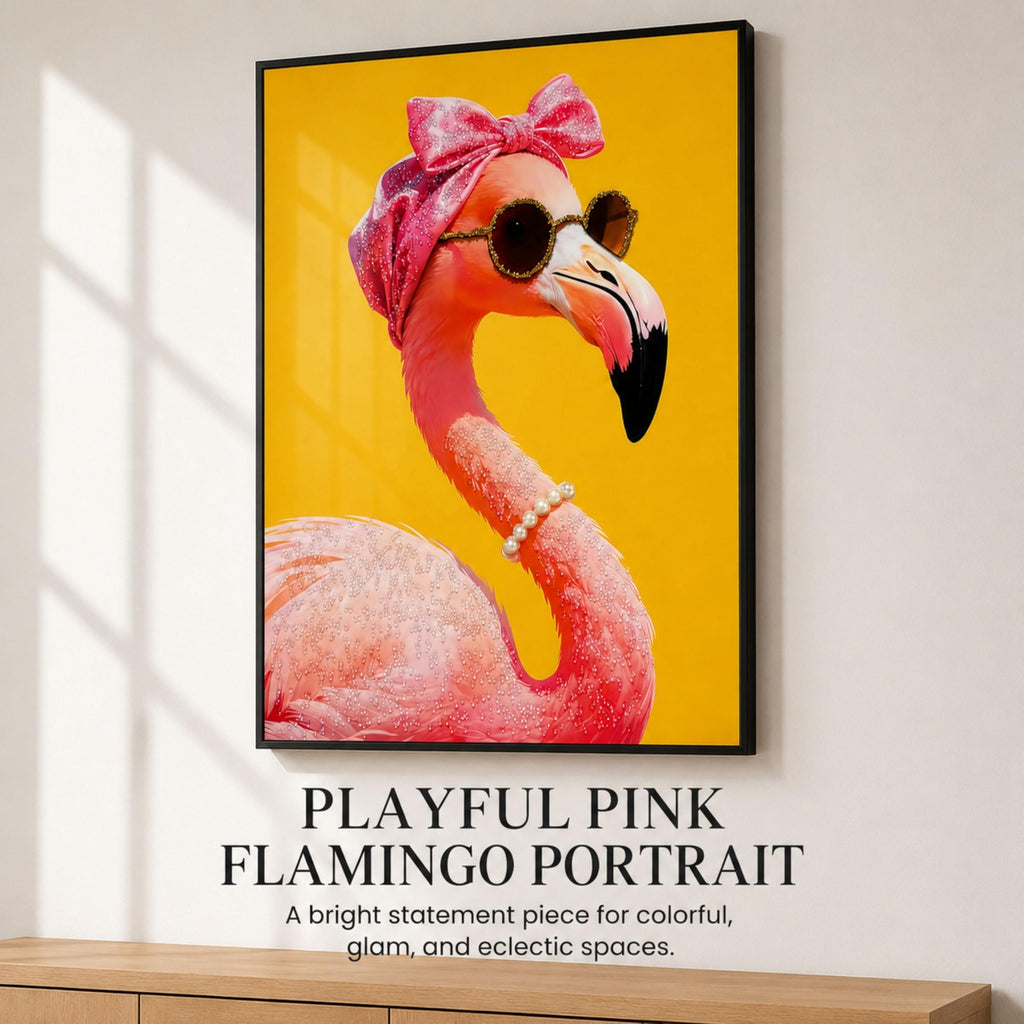 Framed Flamingo Wall Art, 3D Raised Crystal Accent Portrait, 19.7 x 27.6 in