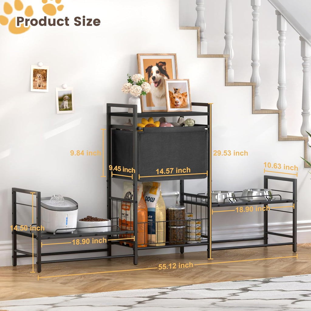 Elevated Dog Bowl Stand with 2 Feeding Stations, Adjustable Raised Feeding Station Cabinet with Toy Bin Basket