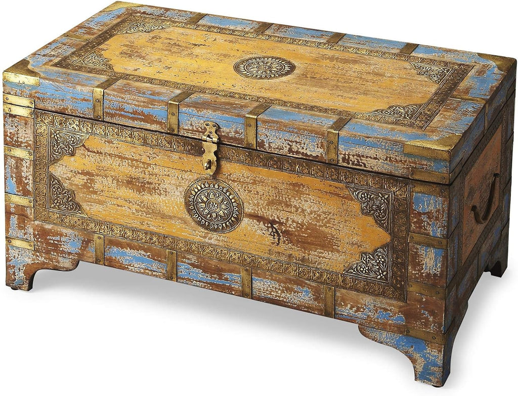 Nador Painted Brass Inlay Steamer Trunk - Large Decorative Storage Chest & Wood Trunk | Vintage Hand Painted Storage
