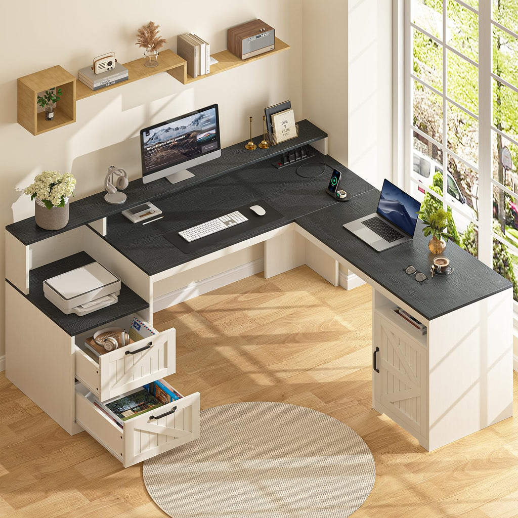 63" Farmhouse L Shaped Desk with Drawers & Printer Shelf