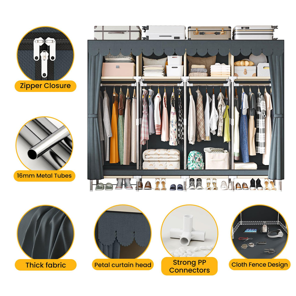 Large Portable Armoire Wardrobe Closet with 4 Hanging Rods and Lockers, Metal Storage Wardrobe Clothes Rack with Dust