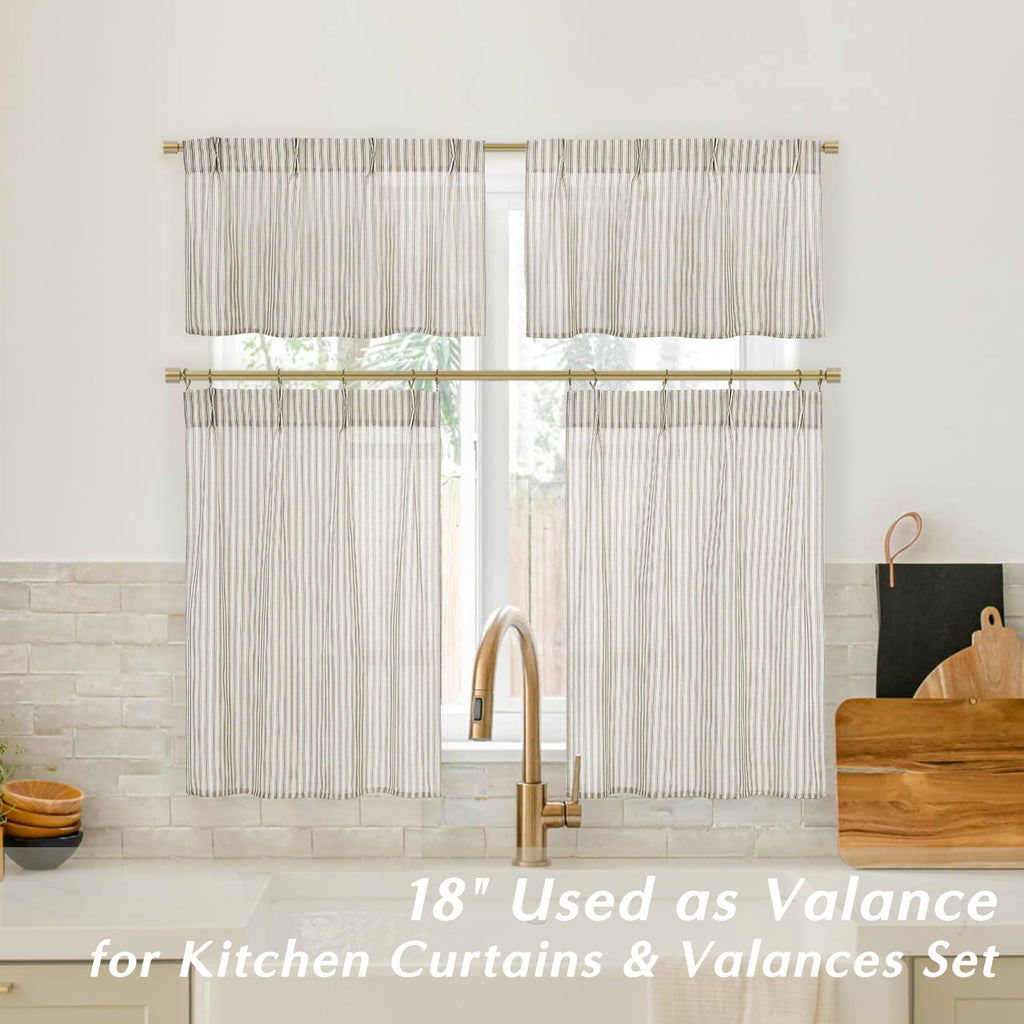 Small Window Curtains, Pinch Pleated Cafe Curtain 24 Inch Length, Linen Farmhouse Sheer Taupe Pinstripe Ticking Stripe