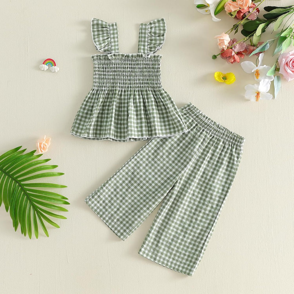 Toddler Girl Summer Outfits Plaid Baby Dress Smocked Ruffle Strap Cami Tops Pants 2 Pcs Set