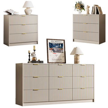 3-Piece Dresser Bedroom Set, 9 Drawer Dresser & 3 Drawer Nightstands with Gold Handles, Fluted Wood Chest of Drawers