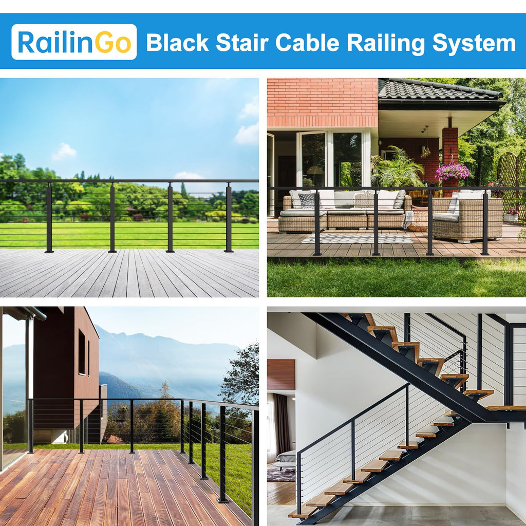 2Pack 6'6" Stainless Steel Cable Railing Handrail for Decks, Black