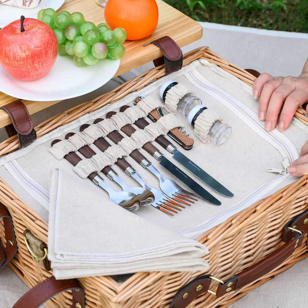 Multifunctional Wicker Picnic Basket Set for 2 with Blanket and Picnic Table, Insulated Picnic Set with Full