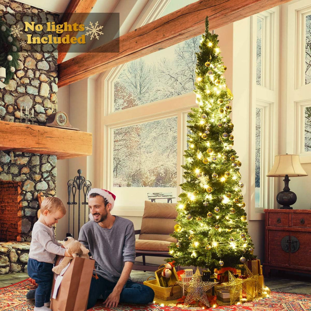 Pencil Christmas Tree, Slim Skinny Hinged Pine Tree with PVC Material, 1500 Branch Tips, Solid Metal Legs, Unlit