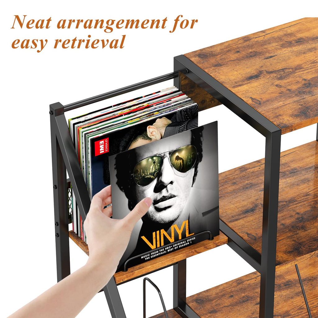 Record Player Stand, Record Player Table with Power Outlets and LED Light, Holds Up to 300 Albums, Vintage Vinyl