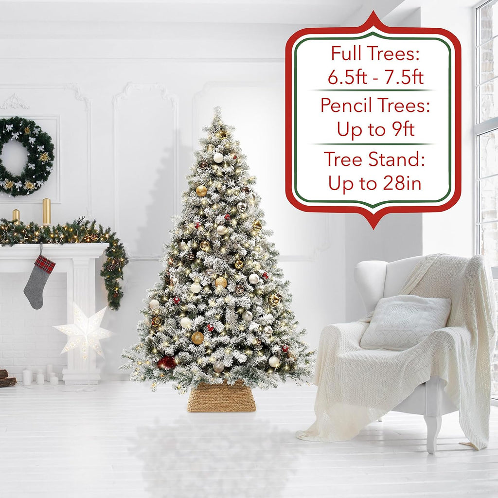 22-Inch Christmas Tree Collar, Water Hyacinth Woven Tree Square Base Cover with Cord Cut Out, Natural