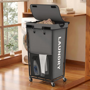 Hamper with Wheels and Lid, 110L Large Rolling Laundry Basket Gray