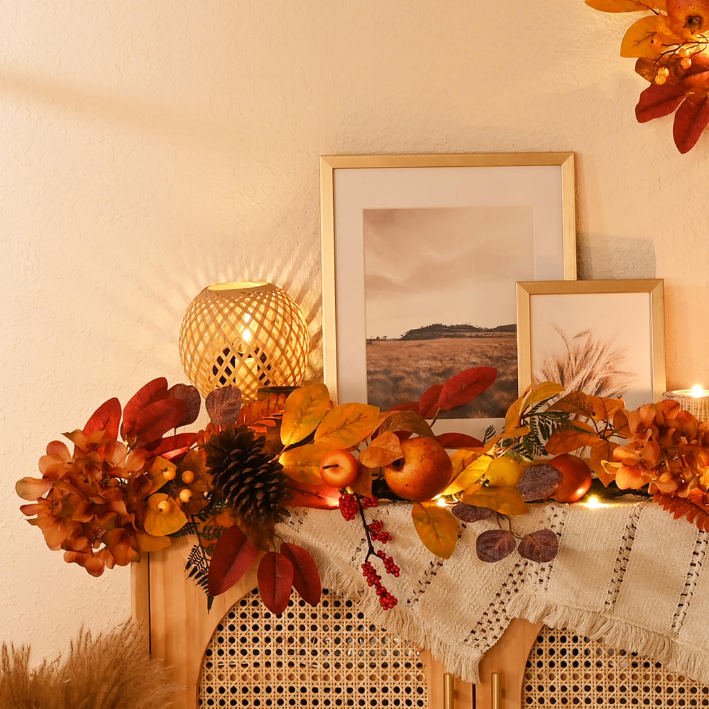 DecorbyHannah 6ft Fall Garland for Mantle with Lights & Leaves Pomegranate