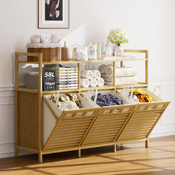 48 Gal Bamboo Tilt Out Laundry Hamper Cabinet with 3 Bag, Natural