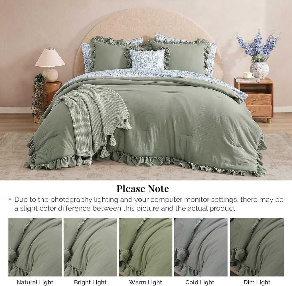 Queen Comforter Set - 7 Pieces Ruffle Sage Green Bedding Sets