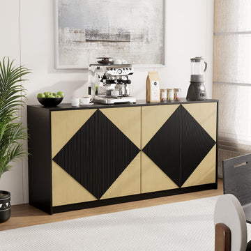 65" Buffet Cabinet with Storage Accent Sideboard with 4 Doors, Fluted Credenza Modern Buffet Table Media Console