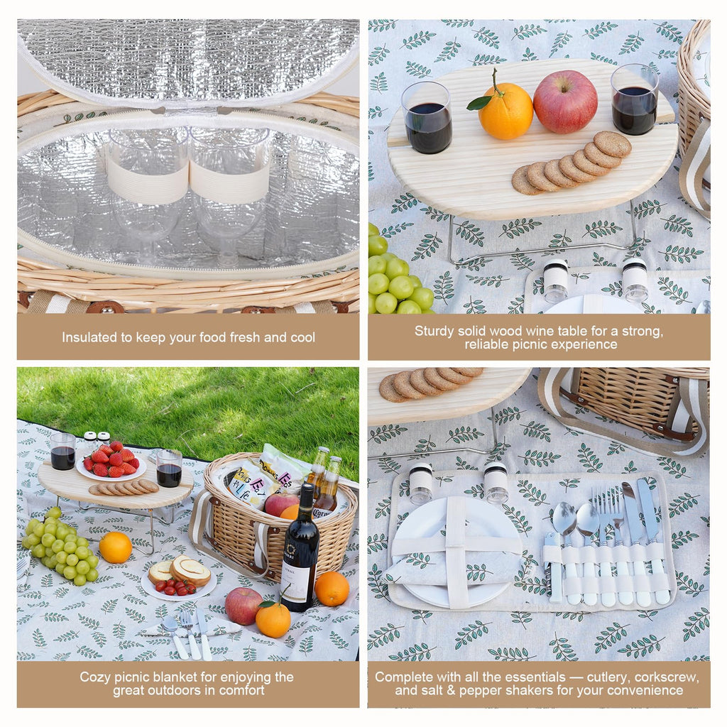 Picnic Basket Set for 2 - Wicker Insulated Picnic Basket
