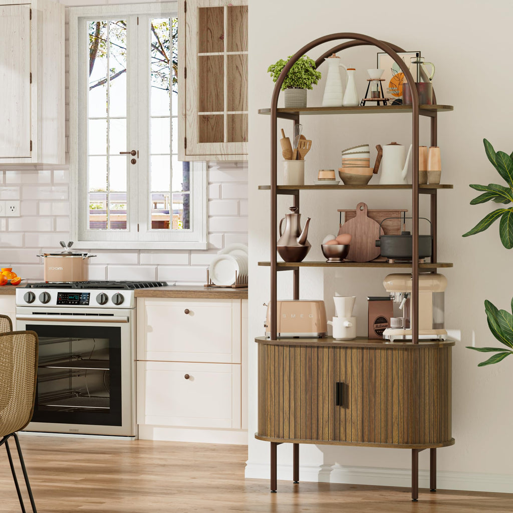 71" Tall Arched Bookshelf with Sliding Doors, 4-Tier Bookcase, Walnut