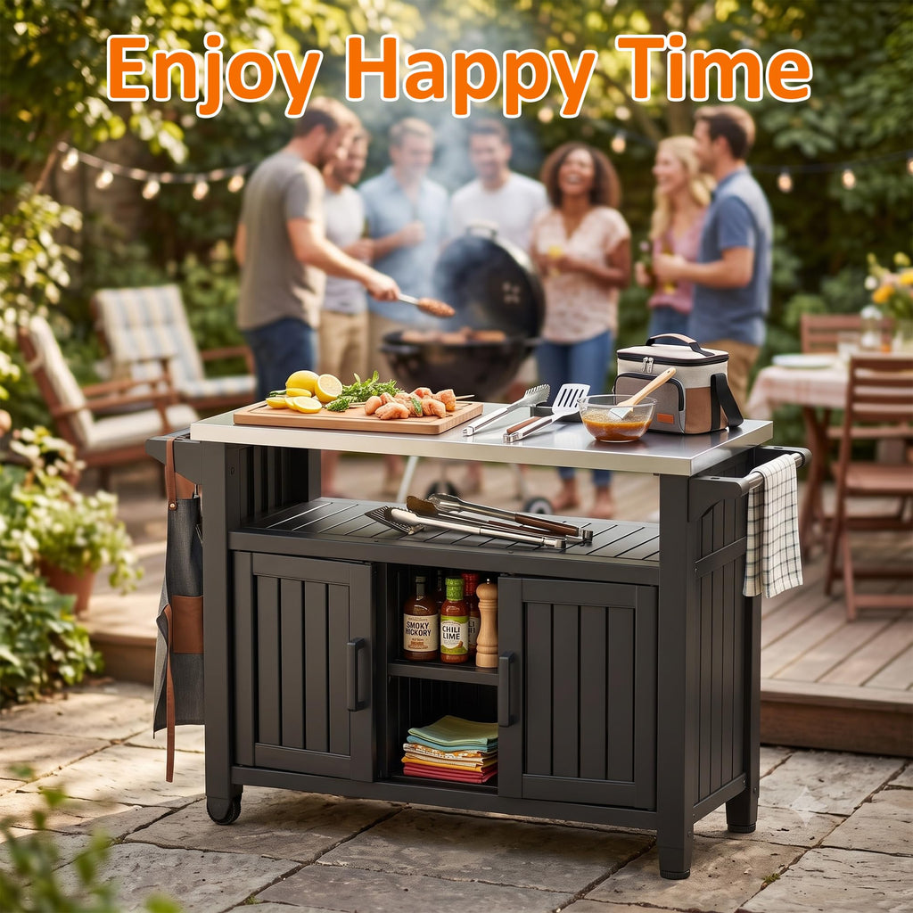 Outdoor Storage Cabinet, Patio Storage Table, Bar Table with Wheels, Outdoor Bar Cart, Poolside and Backyard, Standard