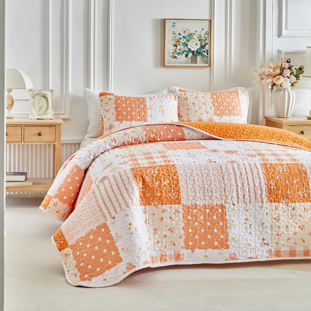 Floral Patchwork Quilt Set, 3 Pieces Orange Flower Plaid Bedspread Coverlet Set, Lightweight Soft