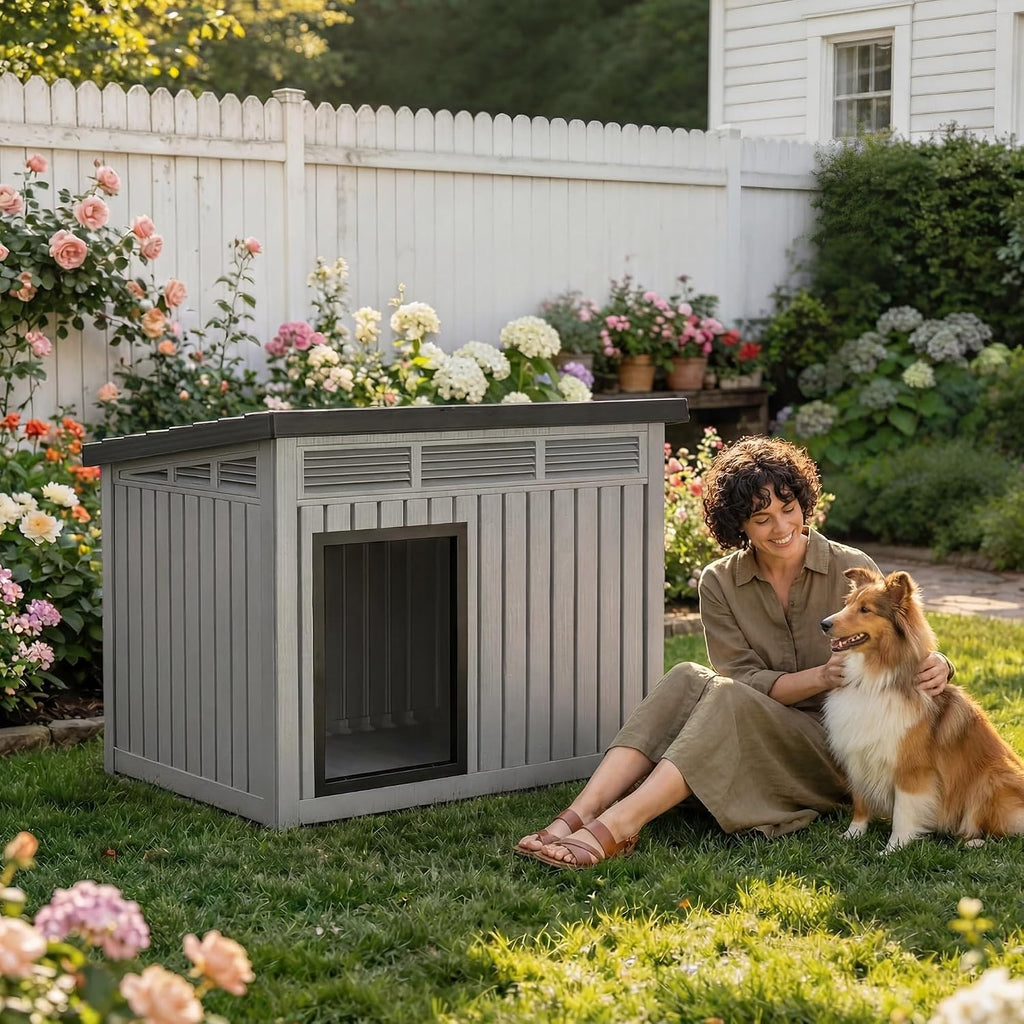 Large Dog House, Weatherproof Resin Large Dog House Outdoor with Sloped Roof & Ventilation, Indoor Outdoor Dog House