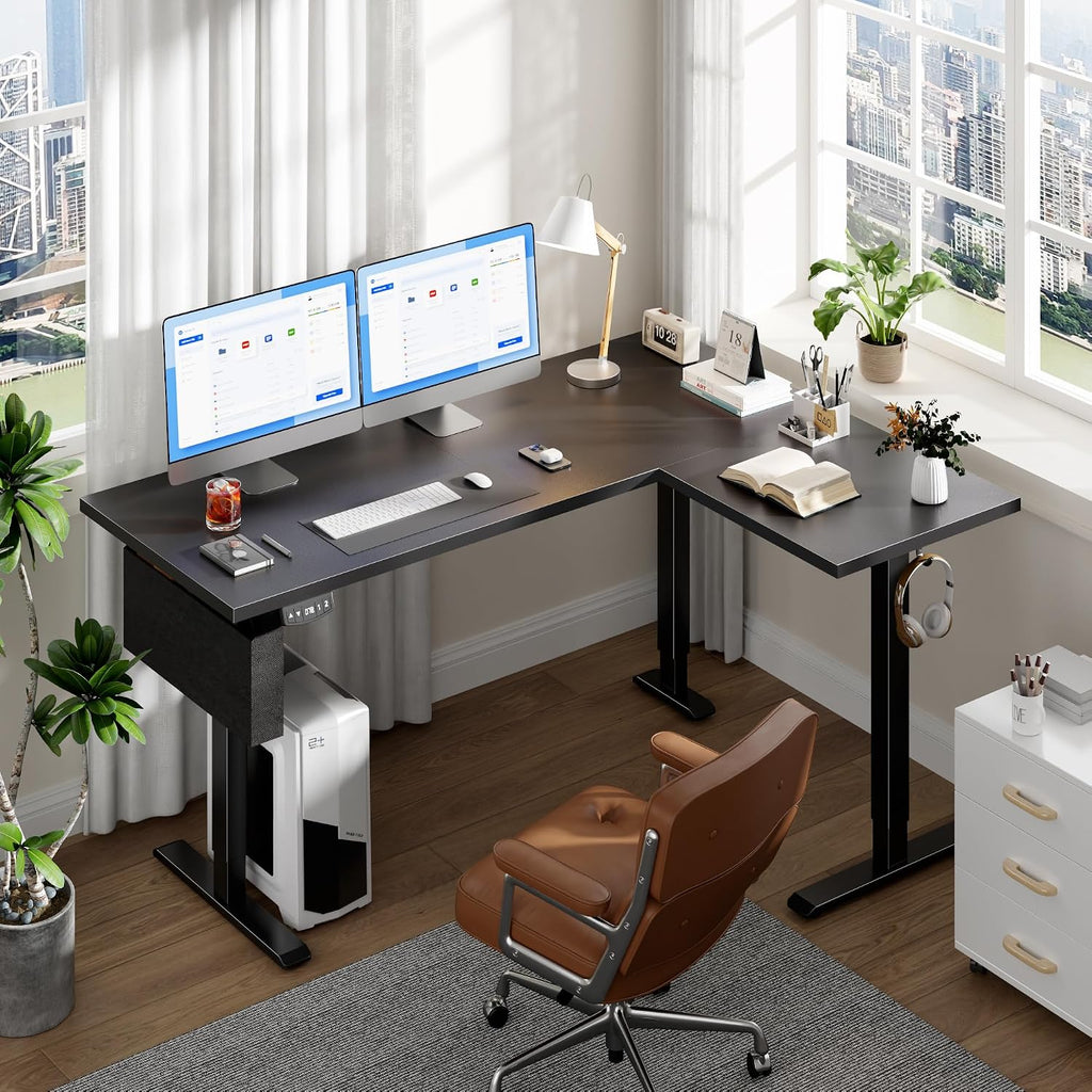 63" L Shaped Standing Desk, Height Adjustable, LED, Memory Presets | Reversible, Ergonomic Sit to Stand Computer Desk