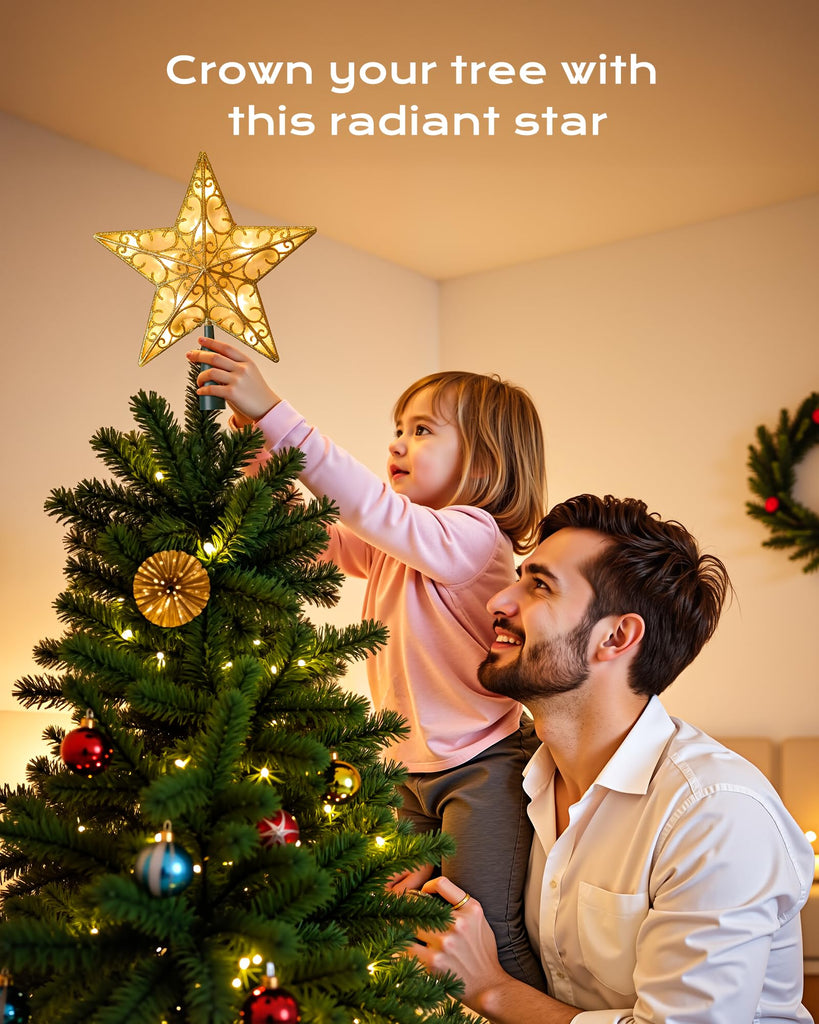 Christmas Star Tree Topper, Plug in Sliver Glittered 3D Star Tree Topper, Metal Hollow Designed Built-in 10 Bulbs