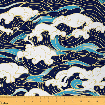 Cartoon Sea Wave Fabric by The Yard Japanese Ukiyoe Decoration No Stretch Fabric for Handmade Supplies Blue Golden
