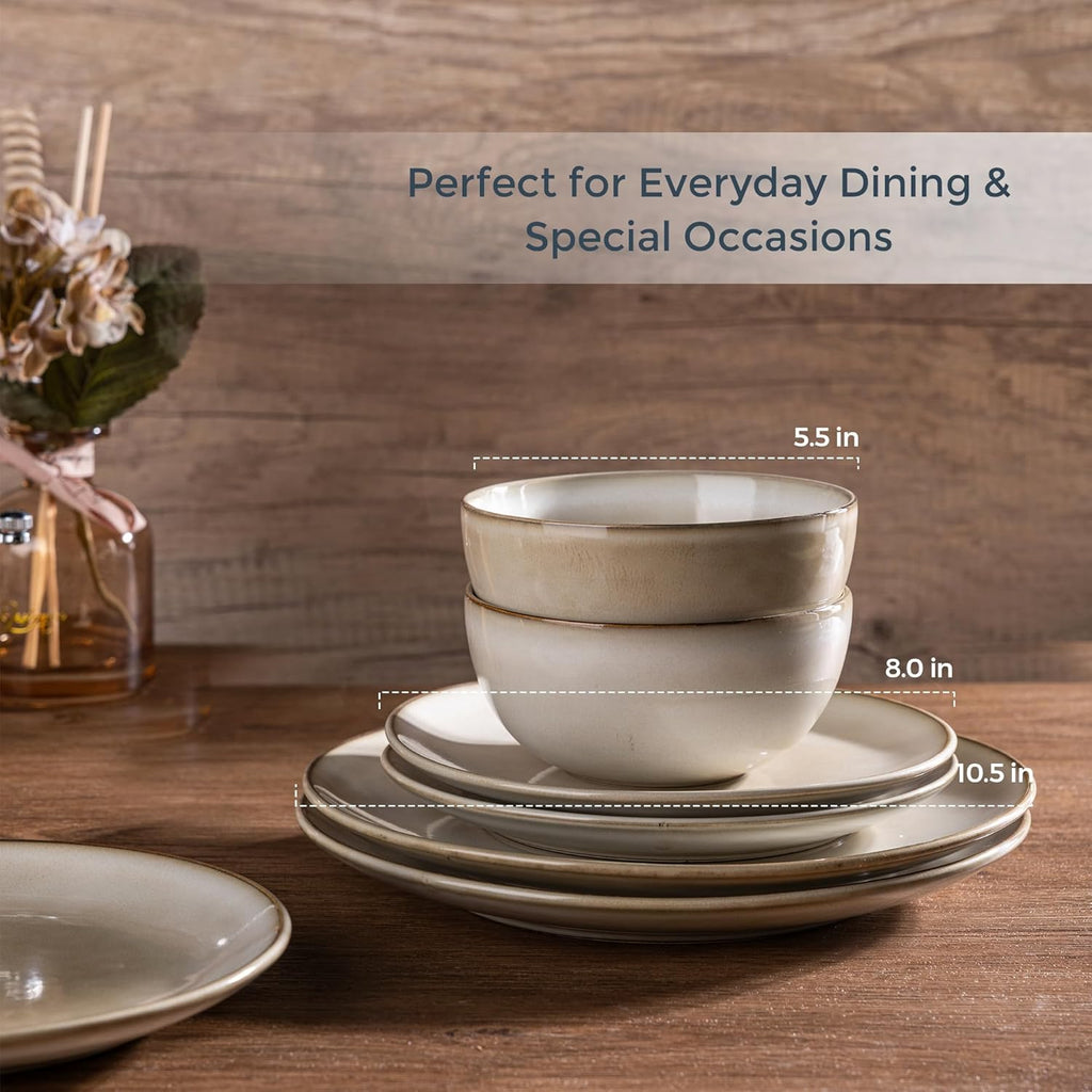 Ceramic Dinnerware Sets for 4, 12 Pieces Handpainted Stoneware Plates and Bowls Set, Scratch Resistant Dishes Set