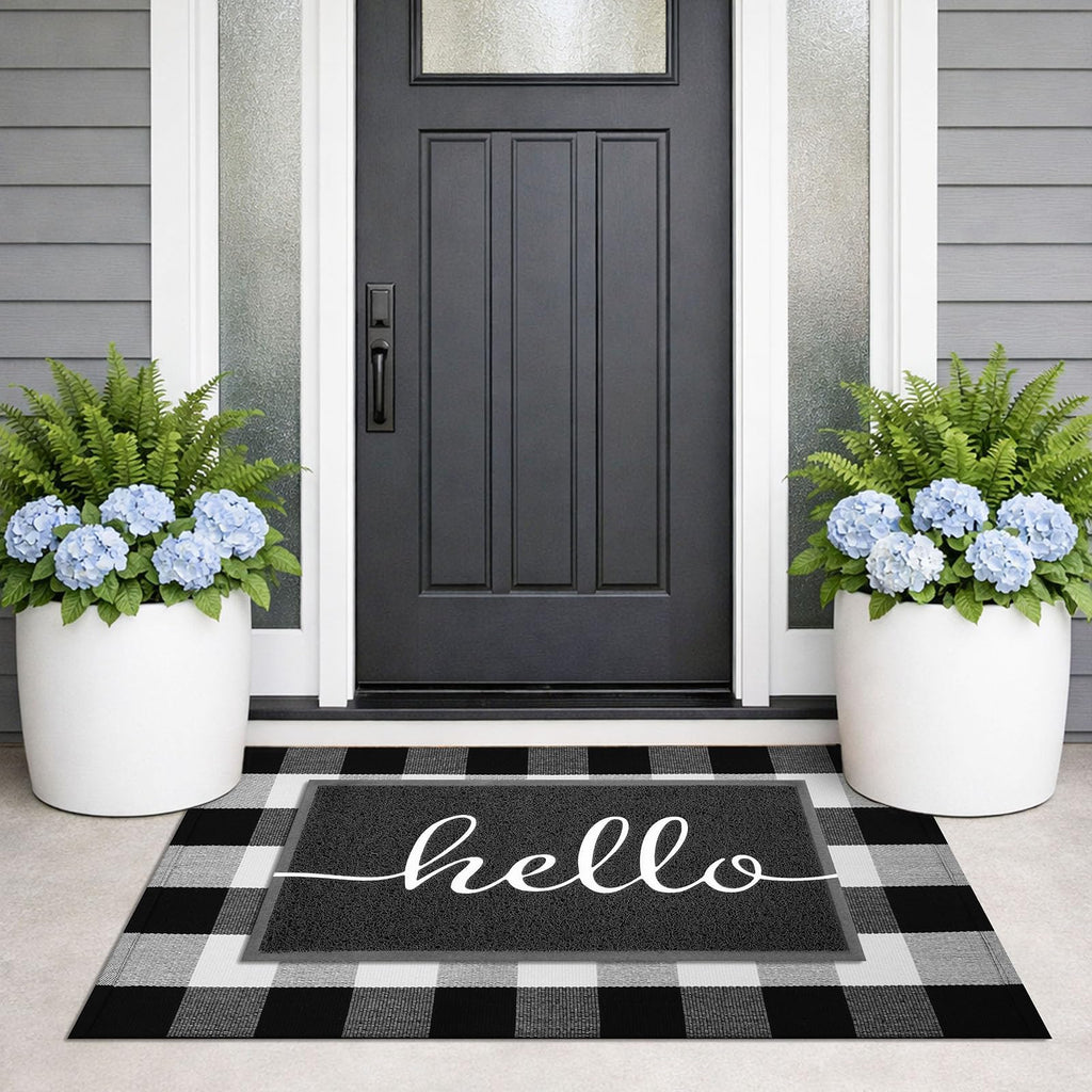 Buffalo Plaid Checkered Rug 27.5x43 in Black White Front Door Rug