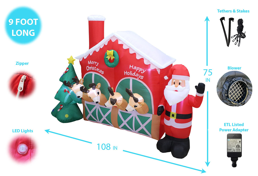 9 Foot Long Christmas Inflatable Santa Claus Reindeer in Stable