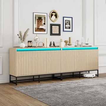 47" Oak Fluted Sideboard Buffet Cabinet with Storage, Wood Storage Cabinet with Doors and Adjustable Shelves LED
