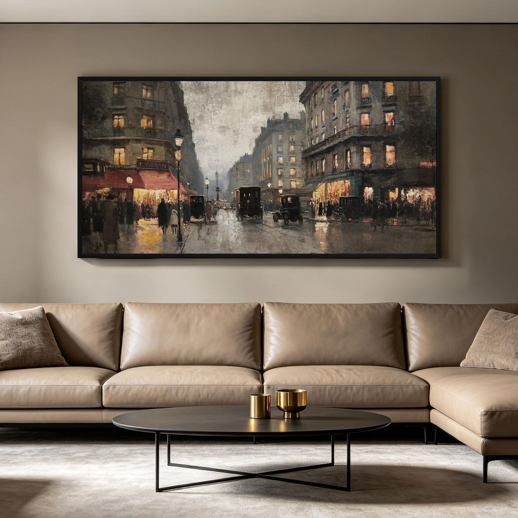 Vintage Paris Street Canvas Print Black Framed Wall 58x29 Inch