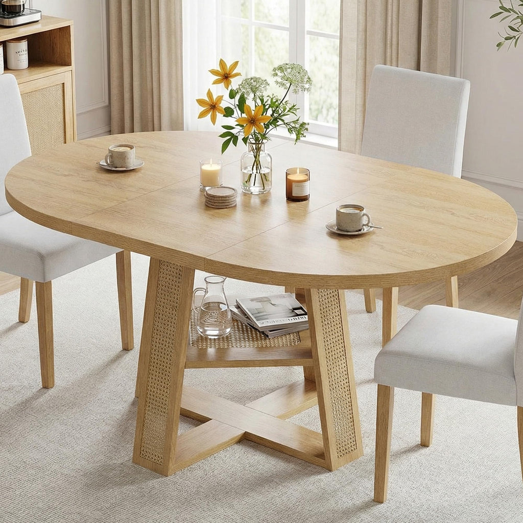 Dining Table, 43"-59" Extendable Round Table with Storage, Natural