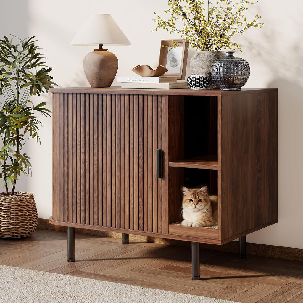 Cat Litter Box Enclosure, Kitty Hidden Litter Box Furniture with Scratch Pad, Modern Indoor Cat House, Sliding Door
