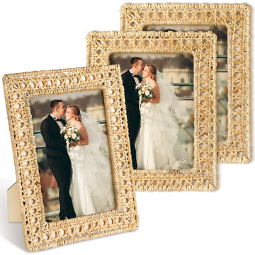 3pcs Boho Woven Rattan Picture Frame Set Rustic Wicker Photo Frames with Stand for Tabletop & Wall Display, Farmhouse