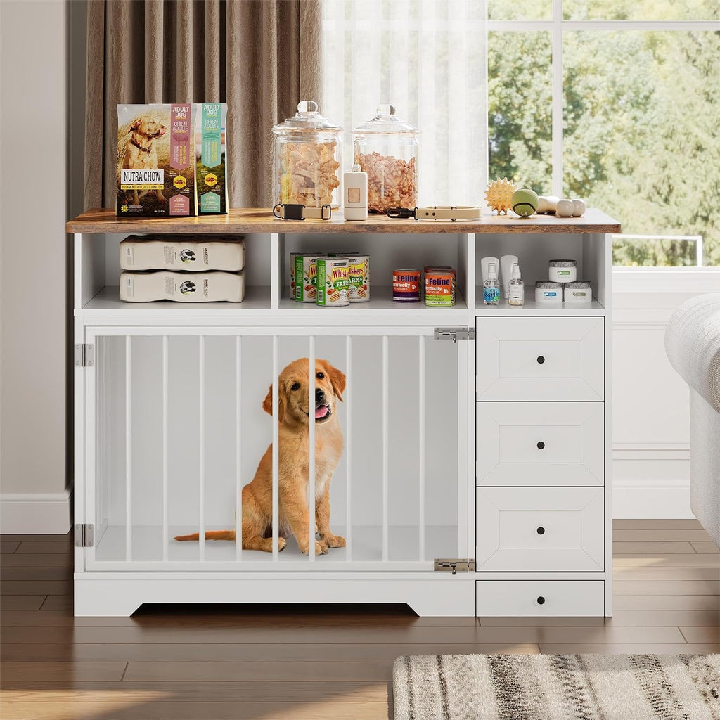 Dog Crate Furniture for Medium Small Dogs with Storage, White