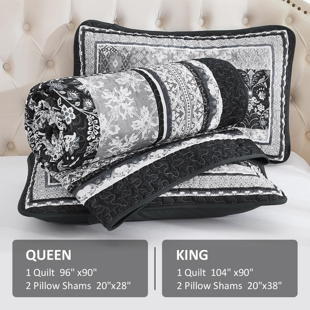 Boho Quilt Queen Set, 3 Pcs Black Patchwork Bedspread Set
