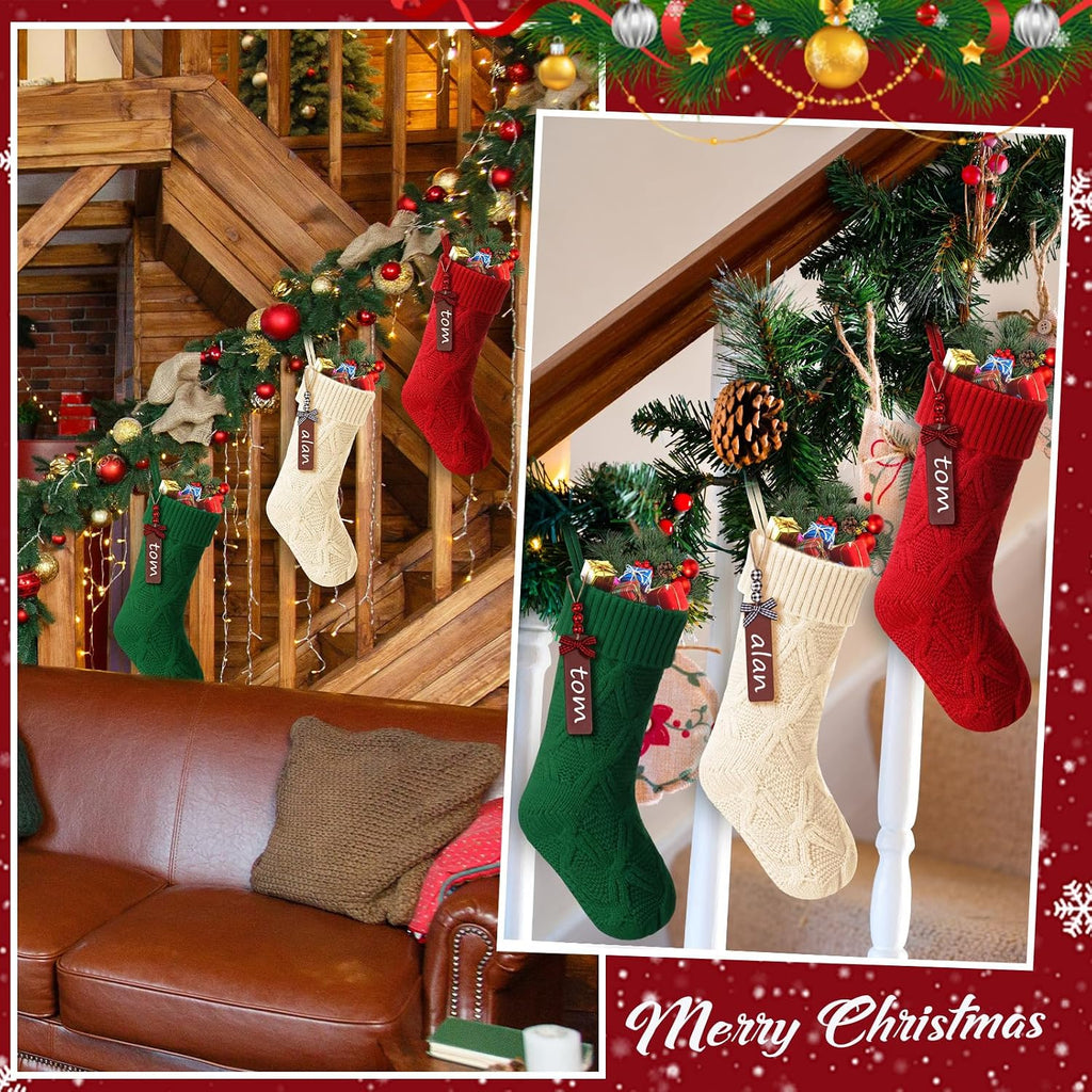 12 Set 18 Inch Large Christmas Stockings with Name Tags Double Sided Cable Knitted Xmas Stockings Personalized