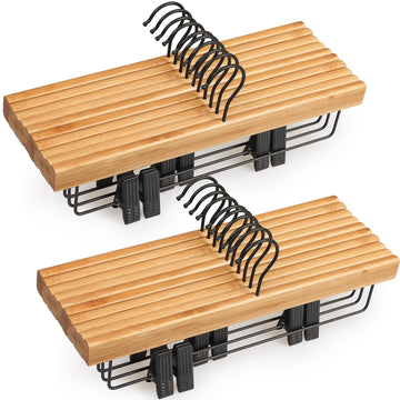 Pants Hangers 20 Pack, Bamboo Clothes Hangers with Black Clips and Rotatable Hook, Durable Natural Wooden Hangers for