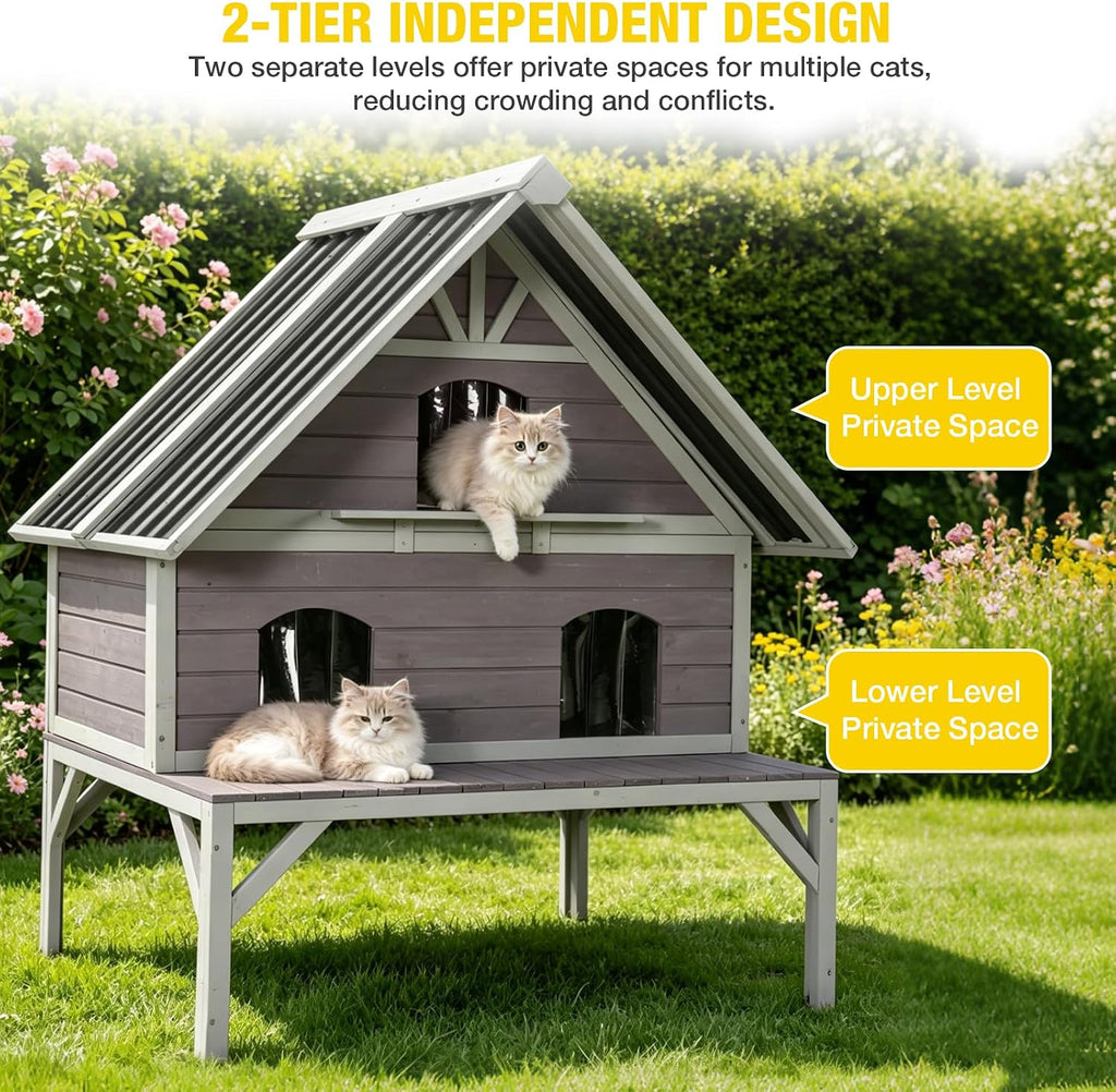 Extra Large 2-Tier Wooden Outdoor Cat House Weatherproof with Sun Balcony & 3 Escape Doors, Solid Wood Feral Cat