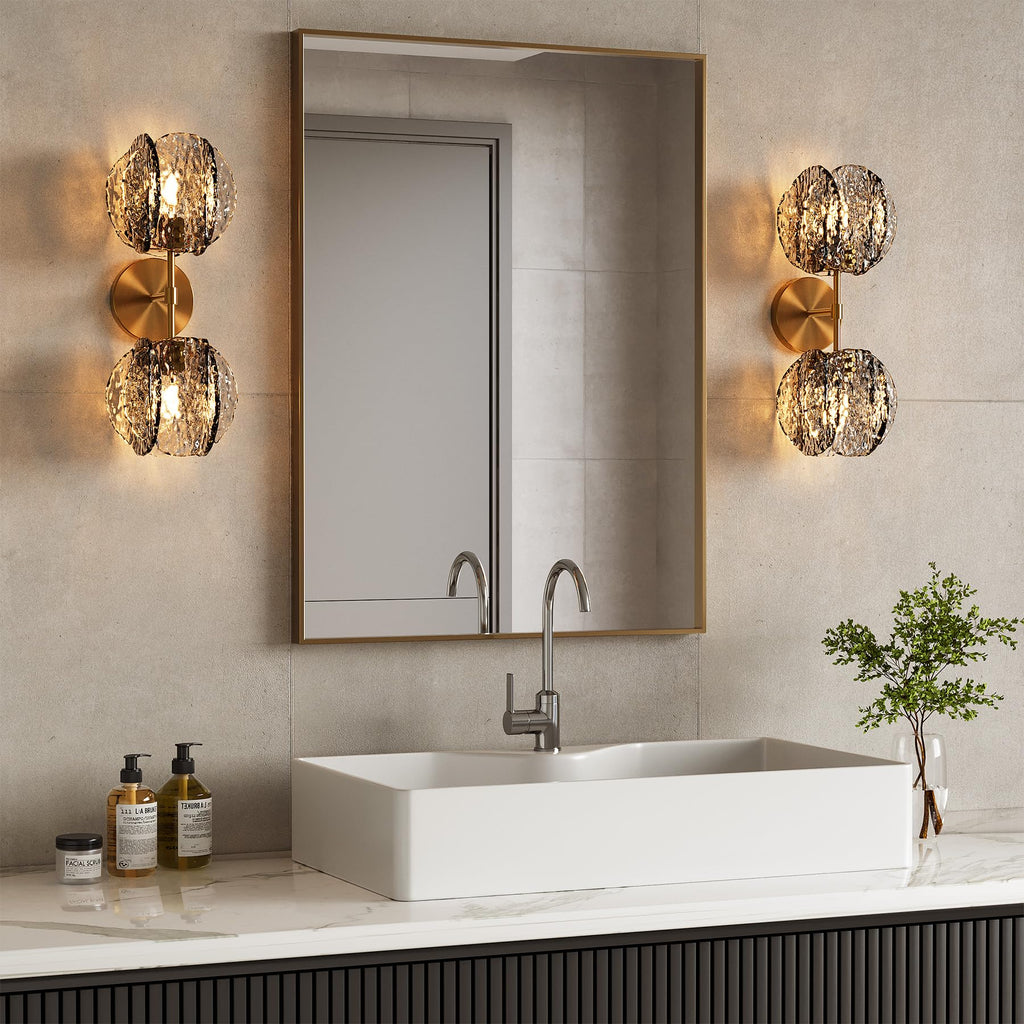 Crystal Gold Wall Sconce,Brass Modern Double Light Wall Sconce with Textured Smoke Glass Shade,Luxury