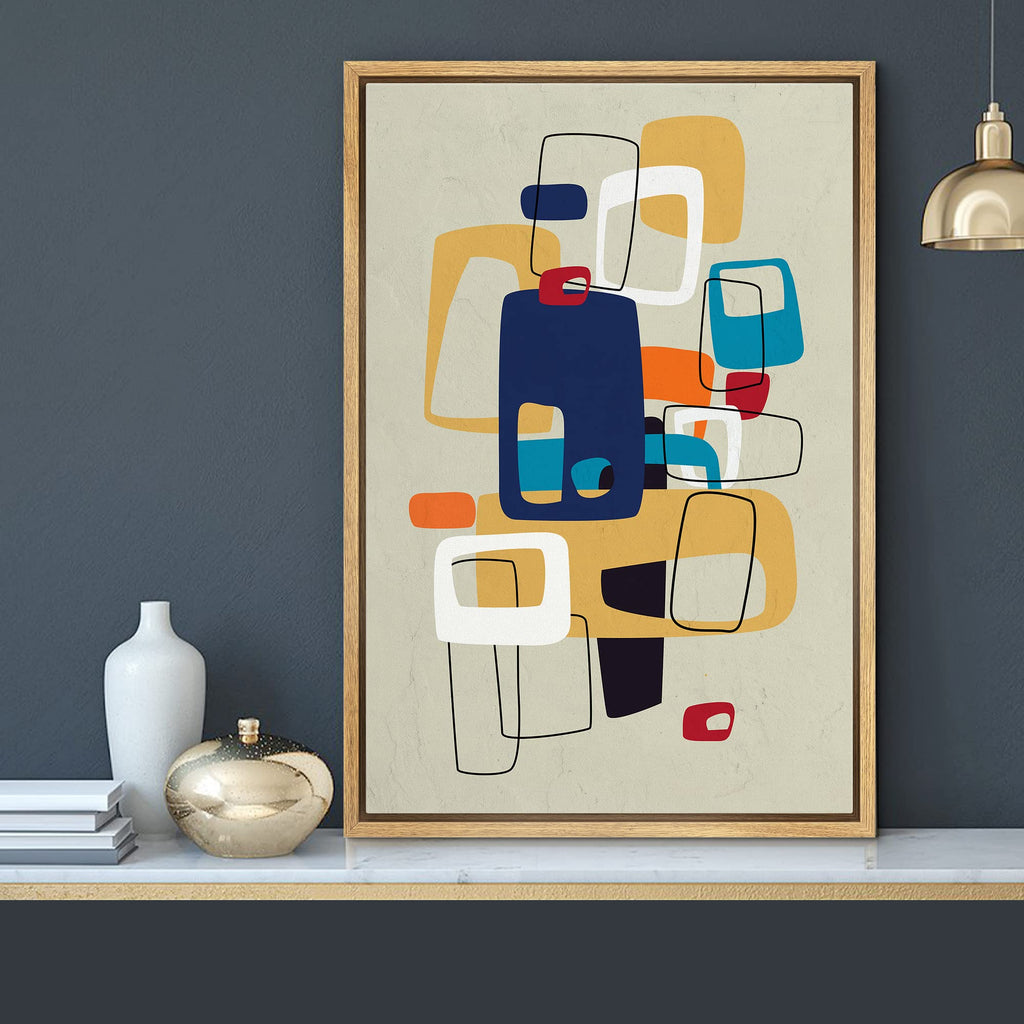 Framed Canvas Print Wall Art Mid-Century Modern Colorful Polygon Collage Abstract Shapes Illustrations Minimalism