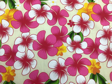 Retro Plumeria Flowers Hawaiian Print Poly Cotton Fabric Sold by The Yard