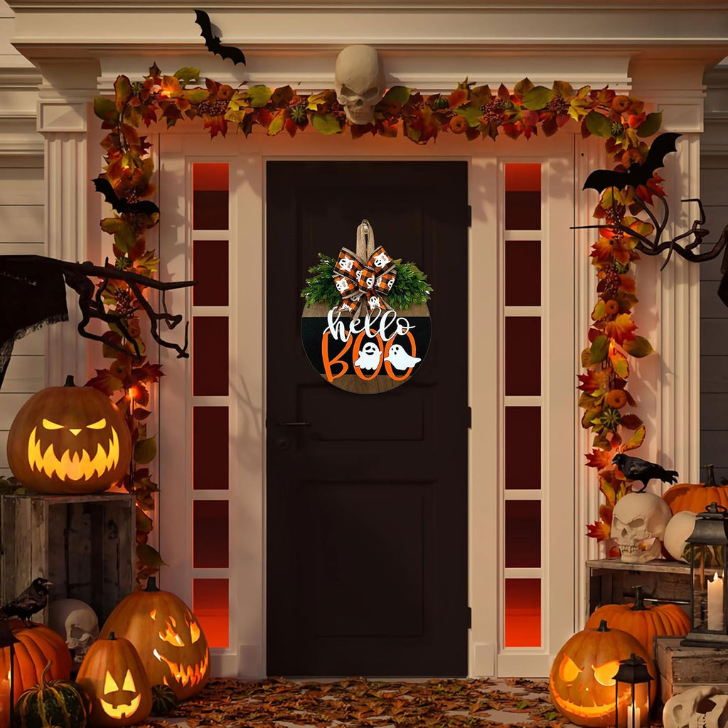 Halloween Ghost Wreath, Wooden Halloween Ghost Door Sign Wreath Decorations for Front Door Hanger