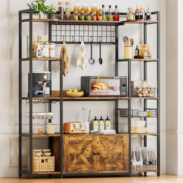 Bakers Rack with Power Outlet, Coffee Bar Cabinet, Vintage Brown