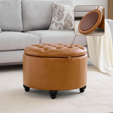 24Inch Round Storage Ottoman with Tray, Modern Tufted Leather Circle Coffee Table with Storage, Upholstered Ottoman